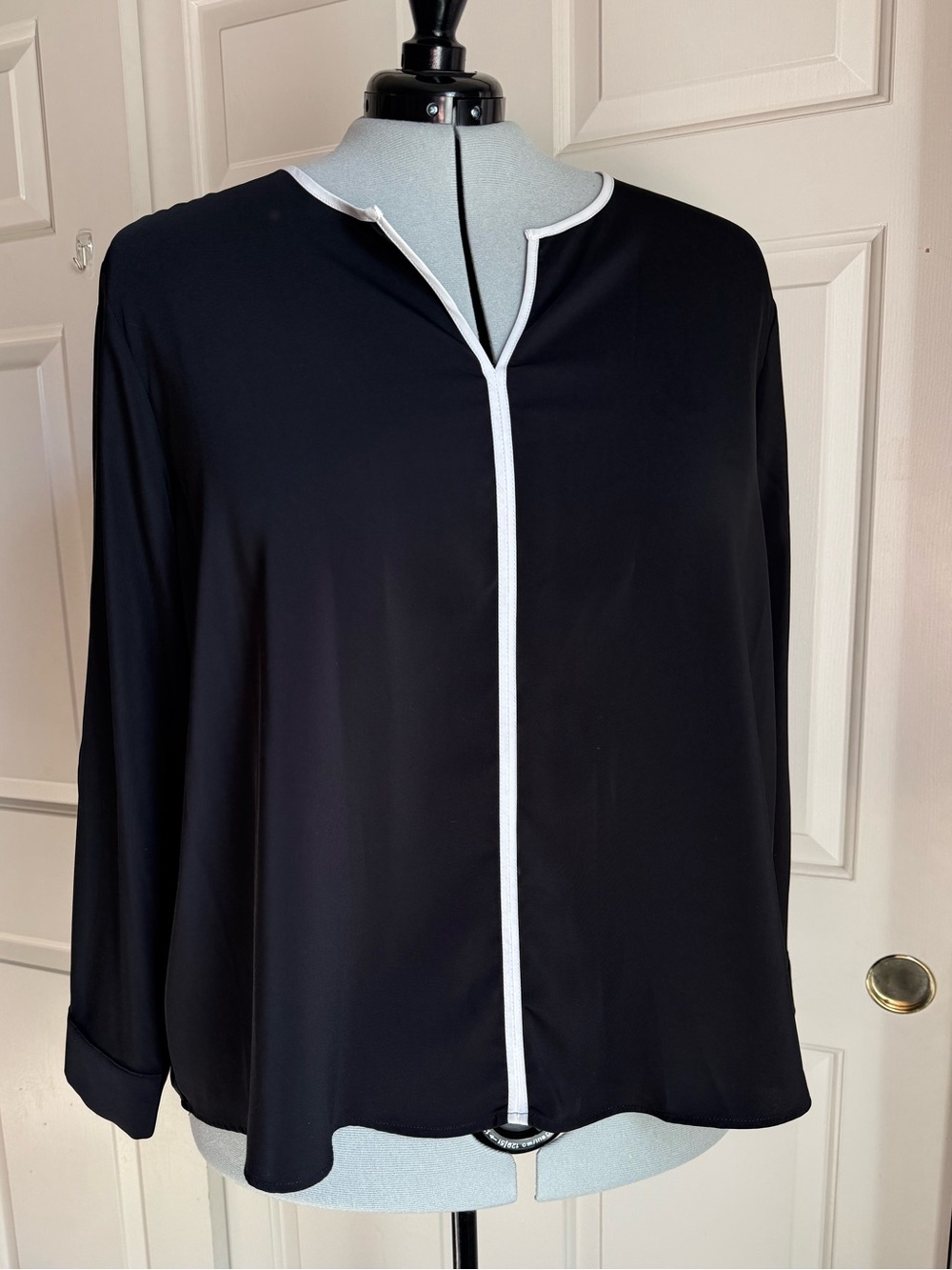 Black Long-Sleeve Blouse with White Trim - Women's Top